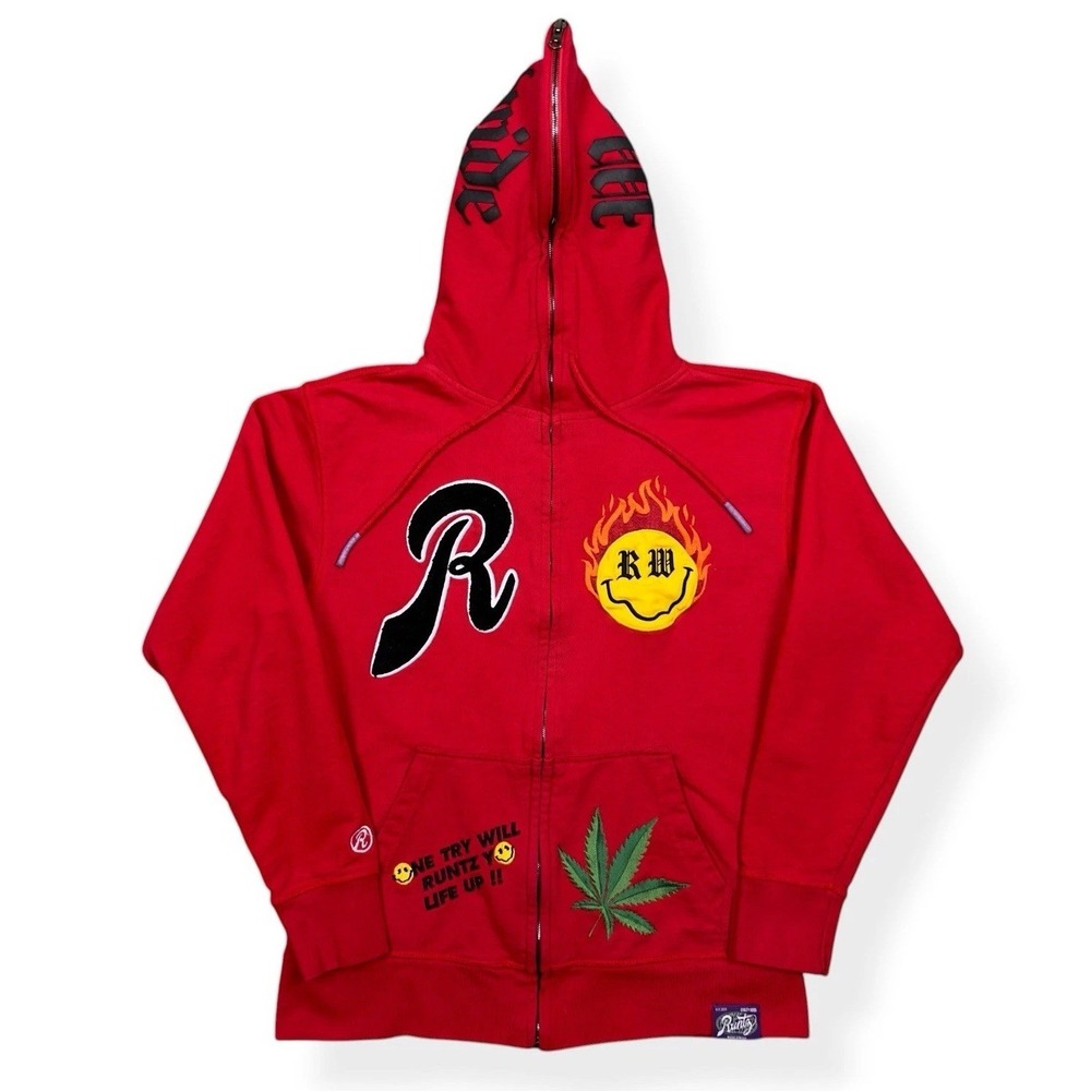 Runtz‎ Worldwide Graphic Hoodie Red Cannabis Streetwear Pullover Medium Full Zip